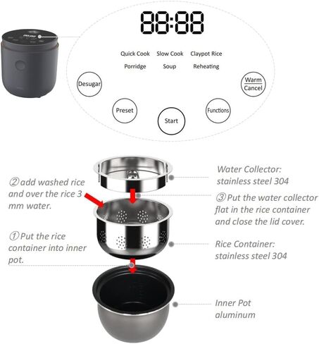جهاز طبخ الأرز منخفض الكربوهيدرات 2 كوب غير مطبوخ صغير جهاز طبخ الأرز التعريفي صانع الأرز والحبوب متعدد الطباخ مع وعاء داخلي من الفولاذ المقاوم للصدأ 24 ساعة للحفاظ على الدفء التلقائي in Kuwait