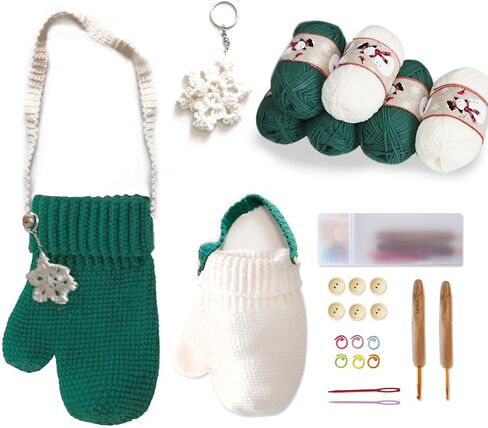 ohoniss Crochet Kit for Beginners, Christmas Gloves Crossbody Bag& Tote Bag Crochet Set, Knitting kit with Finished Handmade Keychain or Bag Charm Hooks and Step-by-Step Video（12“, 10"） (Green&red) in Saudi Arabia