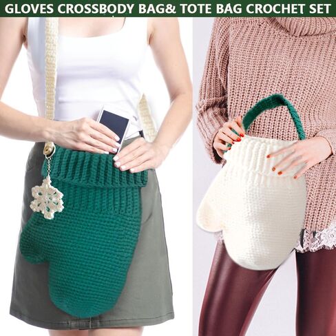 ohoniss Crochet Kit for Beginners, Christmas Gloves Crossbody Bag& Tote Bag Crochet Set, Knitting kit with Finished Handmade Keychain or Bag Charm Hooks and Step-by-Step Video（12“, 10"） (Green&red) in Saudi Arabia