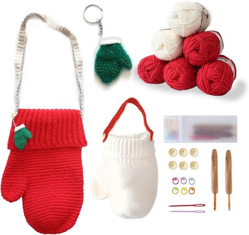 ohoniss Crochet Kit for Beginners, Christmas Gloves Crossbody Bag& Tote Bag Crochet Set, Knitting kit with Finished Handmade Keychain or Bag Charm Hooks and Step-by-Step Video（12“, 10"） (Green&red) in Saudi Arabia