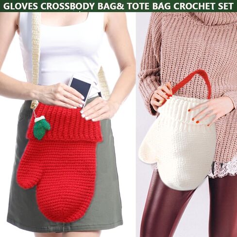 ohoniss Crochet Kit for Beginners, Christmas Gloves Crossbody Bag& Tote Bag Crochet Set, Knitting kit with Finished Handmade Keychain or Bag Charm Hooks and Step-by-Step Video（12“, 10"） (Green&red) in Saudi Arabia