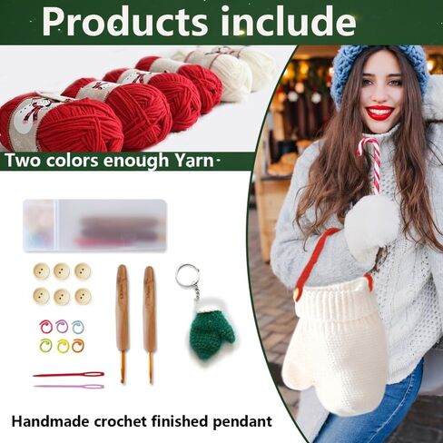 ohoniss Crochet Kit for Beginners, Christmas Gloves Crossbody Bag& Tote Bag Crochet Set, Knitting kit with Finished Handmade Keychain or Bag Charm Hooks and Step-by-Step Video（12“, 10"） (Green&red) in Saudi Arabia