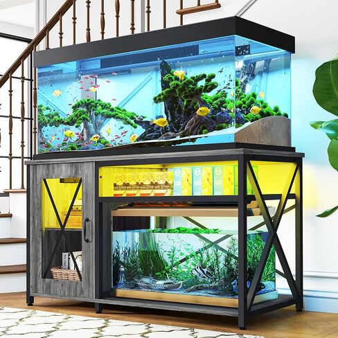 DWVO 55-75 Gallon Aquarium Stand with Power Outlets & LED Light, Cabinet for Fish Tank Accessories Storage - Metal Fish Tank Stand Suitable for Turtle Tank, Reptile Terrarium, 860LBS Capacity, Black in Saudi Arabia