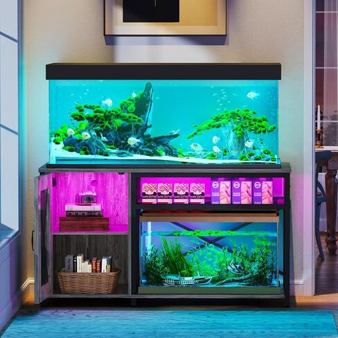DWVO 55-75 Gallon Aquarium Stand with Power Outlets & LED Light, Cabinet for Fish Tank Accessories Storage - Metal Fish Tank Stand Suitable for Turtle Tank, Reptile Terrarium, 860LBS Capacity, Black in Saudi Arabia