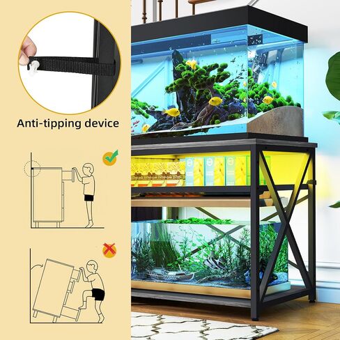 DWVO 55-75 Gallon Aquarium Stand with Power Outlets & LED Light, Cabinet for Fish Tank Accessories Storage - Metal Fish Tank Stand Suitable for Turtle Tank, Reptile Terrarium, 860LBS Capacity, Black in Saudi Arabia