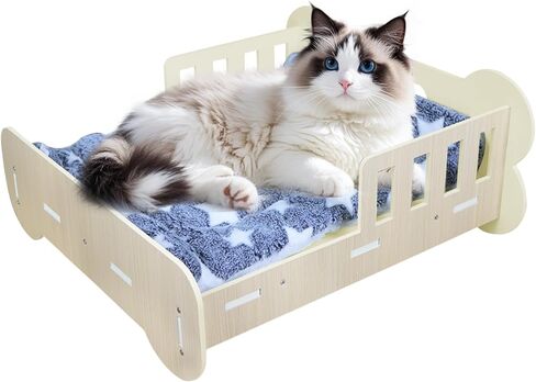 سرير للقطط من Polamg، سرير للقطط على شكل أريكة للقطط الداخلية، سرير خشبي رائع ولطيف للقطط مع حصيرة ناعمة قابلة للغسل للقطط والجرو والأرنب والحيوانات الصغيرة للاستخدام الداخلي، قادر على حمل 22 رطلاً in Kuwait