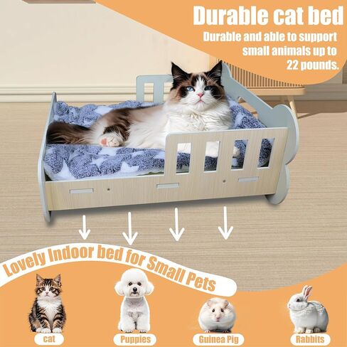 سرير للقطط من Polamg، سرير للقطط على شكل أريكة للقطط الداخلية، سرير خشبي رائع ولطيف للقطط مع حصيرة ناعمة قابلة للغسل للقطط والجرو والأرنب والحيوانات الصغيرة للاستخدام الداخلي، قادر على حمل 22 رطلاً in Kuwait