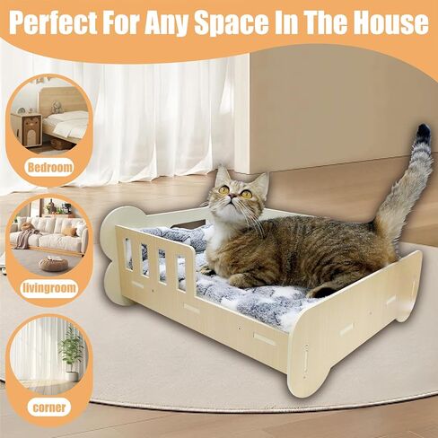 سرير للقطط من Polamg، سرير للقطط على شكل أريكة للقطط الداخلية، سرير خشبي رائع ولطيف للقطط مع حصيرة ناعمة قابلة للغسل للقطط والجرو والأرنب والحيوانات الصغيرة للاستخدام الداخلي، قادر على حمل 22 رطلاً in Kuwait