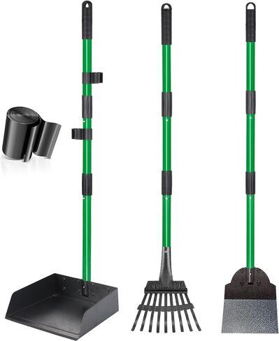 Dog Pooper Scooper Tray Shovel & Rake Kit, Heavy Duty Dog Poop Scooper with Adjustable Metal Long Handle, Portable Large Dog Poop Picker Upper with 10 Waste Bag for Yard, Walks, Grass & Garden Leaves in Saudi Arabia