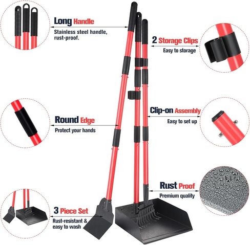 Dog Pooper Scooper Tray Shovel & Rake Kit, Heavy Duty Dog Poop Scooper with Adjustable Metal Long Handle, Portable Large Dog Poop Picker Upper with 10 Waste Bag for Yard, Walks, Grass & Garden Leaves in Saudi Arabia