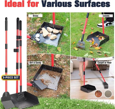 Dog Pooper Scooper Tray Shovel & Rake Kit, Heavy Duty Dog Poop Scooper with Adjustable Metal Long Handle, Portable Large Dog Poop Picker Upper with 10 Waste Bag for Yard, Walks, Grass & Garden Leaves in Saudi Arabia