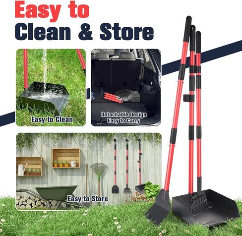 Dog Pooper Scooper Tray Shovel & Rake Kit, Heavy Duty Dog Poop Scooper with Adjustable Metal Long Handle, Portable Large Dog Poop Picker Upper with 10 Waste Bag for Yard, Walks, Grass & Garden Leaves in Saudi Arabia
