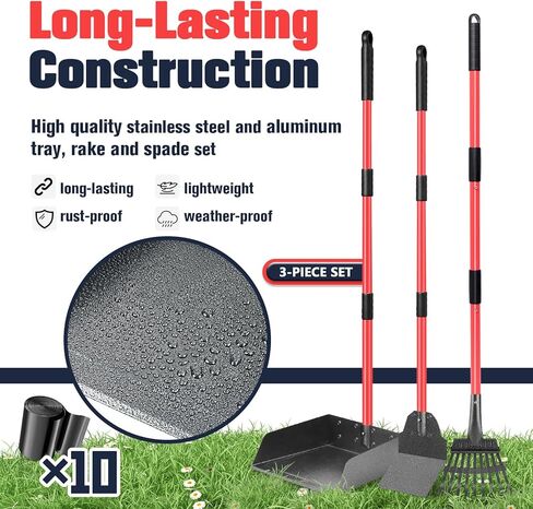 Dog Pooper Scooper Tray Shovel & Rake Kit, Heavy Duty Dog Poop Scooper with Adjustable Metal Long Handle, Portable Large Dog Poop Picker Upper with 10 Waste Bag for Yard, Walks, Grass & Garden Leaves in Saudi Arabia