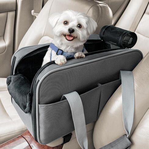 PETSFIT Multipurpose Center Console Dog Car Seat, Airline Approved Dog Car Carrier with Safety Tether and Pockets, Portable Cat Car Seat, Dog Car Seats for Small Dogs, Cats Up to 9 LBS (Deep Grey) in Kuwait