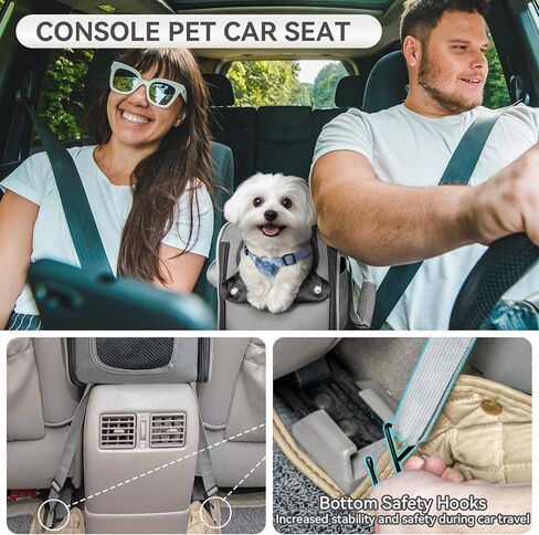 PETSFIT Multipurpose Center Console Dog Car Seat, Airline Approved Dog Car Carrier with Safety Tether and Pockets, Portable Cat Car Seat, Dog Car Seats for Small Dogs, Cats Up to 9 LBS (Deep Grey) in Kuwait