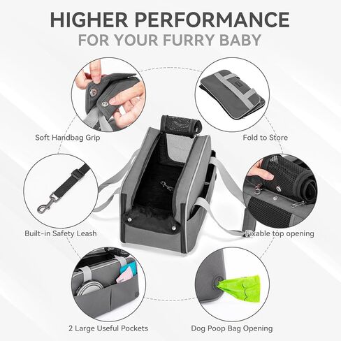 PETSFIT Multipurpose Center Console Dog Car Seat, Airline Approved Dog Car Carrier with Safety Tether and Pockets, Portable Cat Car Seat, Dog Car Seats for Small Dogs, Cats Up to 9 LBS (Deep Grey) in Kuwait