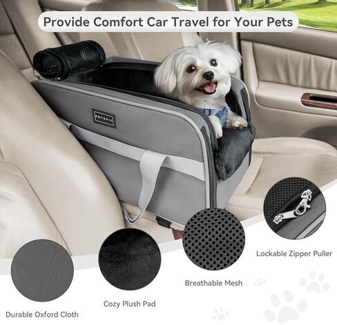 PETSFIT Multipurpose Center Console Dog Car Seat, Airline Approved Dog Car Carrier with Safety Tether and Pockets, Portable Cat Car Seat, Dog Car Seats for Small Dogs, Cats Up to 9 LBS (Deep Grey) in Kuwait