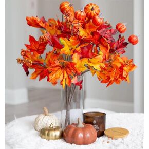 Ivydale 2 PCS Fall Maple Leaves Pumpkins Stems Branches, Fake Autumn 14 Bouquet Floral Branch, Artificial Silk Flower Maples Leaves Stems Picks Bundles for Indoor Outdoor Home DIY Arrangement