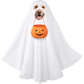 Halloween Dog Ghost Costume Set for Large Dogs, Halloween Dog White Ghost Costumes with Felt Pumpkin Candy Bucket, Dog Costumes for Large Breed with Trick or Treat Bags