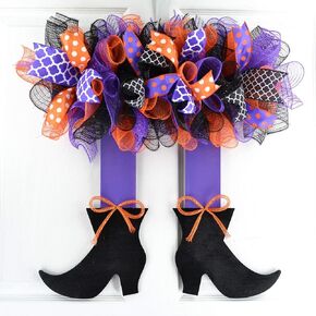 Halloween Wreath Outdoor, Witch Wreaths for Front Door, Halloween Witch Mesh Front Door Wreaths - Purple Orange Black