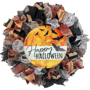 Halloween Office Decorations for Work, Halloween Door Wreaths - Full Moon Mesh Welcome Outdoor Front Door Wreath - Black Orange Bats