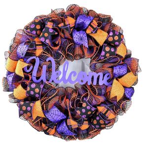 Welcome Halloween Wreaths - Mesh Outdoor Front Door Wreath - Friendly Halloween Decor - Black Orange Purple