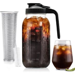 Cold Brew Coffee Maker 64 oz (2 Quart / 1.9 Liter) Mason Jar - Wide Mouth Pitcher with Handle & Stainless Steel Filter for Coffee, Iced Tea, Sun Tea, Lemonade, and Homemade Fruit Drinks