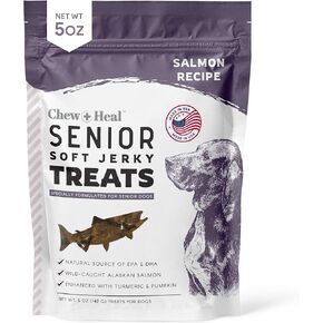 Chew + Heal Labs Seniors Soft Jerky Salmon Dog Treats - 5 oz of Omega Jerky - Dog Joint Supplement with Wild Alaskan Salmon and Turmeric - Made in The USA