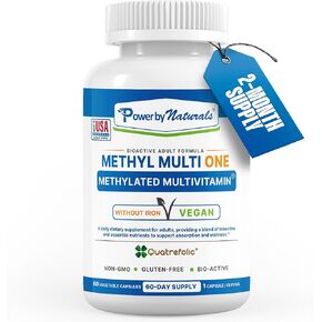 Power By Naturals Methyl Multi One - 60Ct Methylated Multivitamin Without Iron for Adults, One-a-Day, CO Q10, Active B12, Methylfolate, 25+ Nutrients, MTHFR Supplement - Made in USA