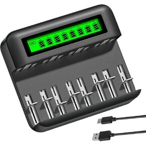 Rechargeable Battery Charger - 8 Bay LCD AA AAA C D Charger for Ni-MH AA AAA C D Rechargeable Batteries with USB Port, Type C Input -Fast Charging, Automatic Detection, Overcharge Protection Function