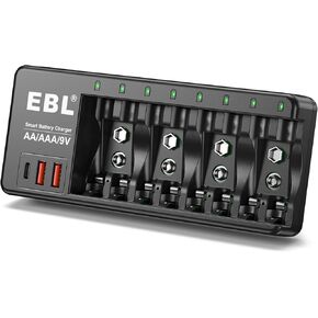 EBL AA AAA 9V Individual Battery Charger for AA AAA 9V NiMH NiCD and 9V Li-ion Rechargeable Battery, with 2 USB-A & 1 USB-C Charging Ports