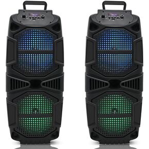 Technical Pro Set of 2, 400-Watt Each Portable Rechargeable Bluetooth Speaker with TWS Dual 8" Colorful LED Woofers, USB Mode, SD Card, FM Radio, Mic Input for Perfect On-The-Go Karaoke, Party Nights