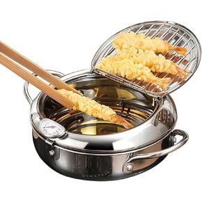 4.2L Japanese Tempura Deep Fryer Pot, 304 Stainless Steel Deep Fryer Pot with Thermometer, Oil Drip Drain Rack and Lid for Home Use, Thickened Deep Frying Pan for French Fries Chicken Nuggets Shrimp