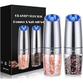 Gravity Electric Salt and Pepper Grinder Set of 2, Spice Grinder Shakers Mill with LED Light, Adjustable Coarse, One Hand Automatic Operation, Battery Powered, Larger Capacity Grinders Stainless Steel