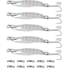 5pcs Silver Metal Sea Fishing Lures 65mm Wedge Slice Treble Hooks Lures with 10 Swivels Casting for Bass Mackerel Trout Bluefish Pik Salmon 21g