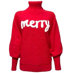 Christmas Holiday Red Merry Embroidered Comfy Knit Turtleneck Sweater (L)