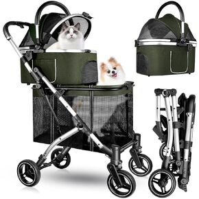 Double Pet Stroller for 2 Dogs or Cats, One-Hand Folding Double Cat Stroller with Detachable Carrier, Safety Belt, Lockable Wheels, Double Dog Stroller for Small/Medium Dog/Cat up to 52LBS Gray