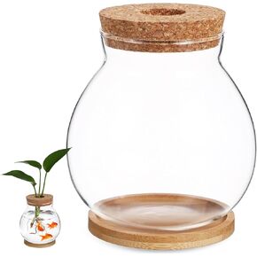 Clear Desktop Fish Bowl with Lid, Small Glass Table Fish Tank with Wood lid Betta Aquarium Plant Terrarium Vase for Home Office Decoration, Coffee