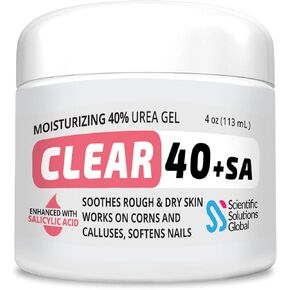 Clear 40 HA, 40% Urea Gel, 1% Hyaluronic Acid, 4 oz w/Tea Tree & Coconut Oil, Aloe Vera, Callus & Corn Remover Softens Cracked Heels, Feet, Elbows, Hands, Nails, Superior Hydration to Urea Creams