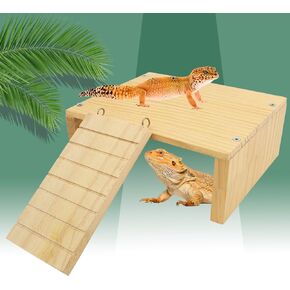 FlidRunest Reptiles Hideout Wooden, Bearded Dragon Hide Cave Wood House with Climbing Ladder, Reptile Resting Platform, Wooden Accessories for Bearded Dragon Lizard Chameleon Hamster Tortoise