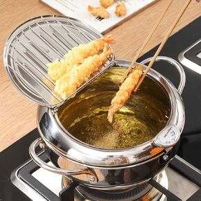Deep Fryer Pot Stainless Steel Japanese Frying Pan 2.2L Tempura Frying Pot With Thermometer, Lid and Oil Drip Rack for Fried Chicken, Shrimp, French Chips (20cm/7.87inch, 304)
