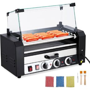 Hot Dog Roller, Electric 24 Hot Dog Capacity 9 Roller, 1650W Sausage Grill Cooker Machine w/Bun Warmer Shelf, Dual Temp Control, Removable Oil Drip Tray, Cover, Stainless, Commercial Grade