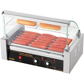 VEVOR Hot Dog Roller 7 Rollers 18 Hot Dogs Capacity 1050W Stainless Sausage Grill Cooker Machine with Dual Temp Control Glass Hood Acrylic Cover Bun Warmer Shelf Removable Oil Drip Tray, ETL Certified