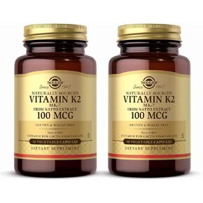 SOLGAR Natural Vitamin K2 (MK-7) 100 mcg, 50 Vegetable Capsules - Pack of 2 - Supports Bone Health - Natural Whole Food Source from Natto Extract - Non-GMO, Gluten Free - 100 Total Servings