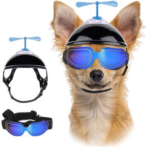 Small Dog Goggles with Helmet Pet Sunglasses and Helmet Set Adjustable Dog Helmet Cute Dog Glasses Dog Motorcycle Helmet Hat with Ear Holes for Puppy Riding