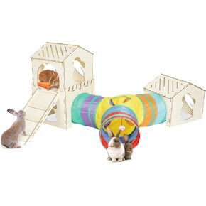 Extra Large Sturdy Rabbit Hideout with 3 Way Tunnels, Wooden Bunny Castle with Stairs, Rabbit Hideout Castle Tower Toys for Indoor Outdoor Play