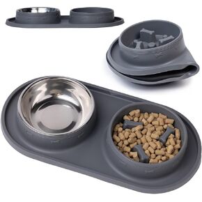 Malsipree Dog Slow Feeder Bowl Set - Improve Digestion - Cat & Dog Bowl Slow Feeder with Stainless Steel Water Bowl - Anti-Spill Silicone Mat - Slow Feeder Dog Bowls Small Breed & Medium Breed - 15 oz