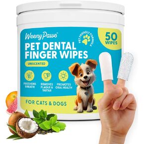 Teeth Cleaning Wipes for Dogs & Cats, Remove Bad Breath by Removing Plaque and Tartar Buildup No-Rinse Dog Finger Toothbrush, Disposable Gentle Cleaning & Gum Care Pet Wipes, 50 Counts