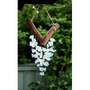 Handmade Raindrop Butterfly Recycled Glass Hanging Mobile Wind Chime Suncatcher Outdoor Decor (Small)
