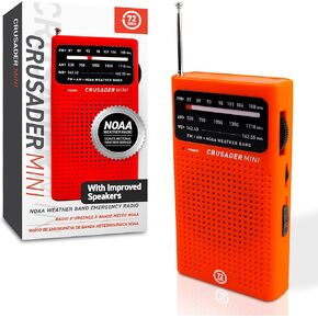 72 HRS (Upgraded) 72HRS CRUSADER MINI NOAA/AM/FM Emergency Weather Radio, Powered by 2AA Battery(Not Included), Premium Designer Radio with Finest Tuning Knob and Speaker (Red)